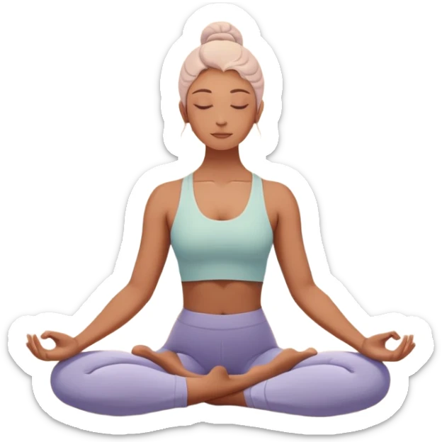A peaceful person practicing yoga on a calm sea beach at sunrise, in a serene meditative pose. Soft pastel colors surround the scene, with gentle waves in the background and smooth, flowing lines representing balance and tranquility. The atmosphere feels centered and mindful. sticker