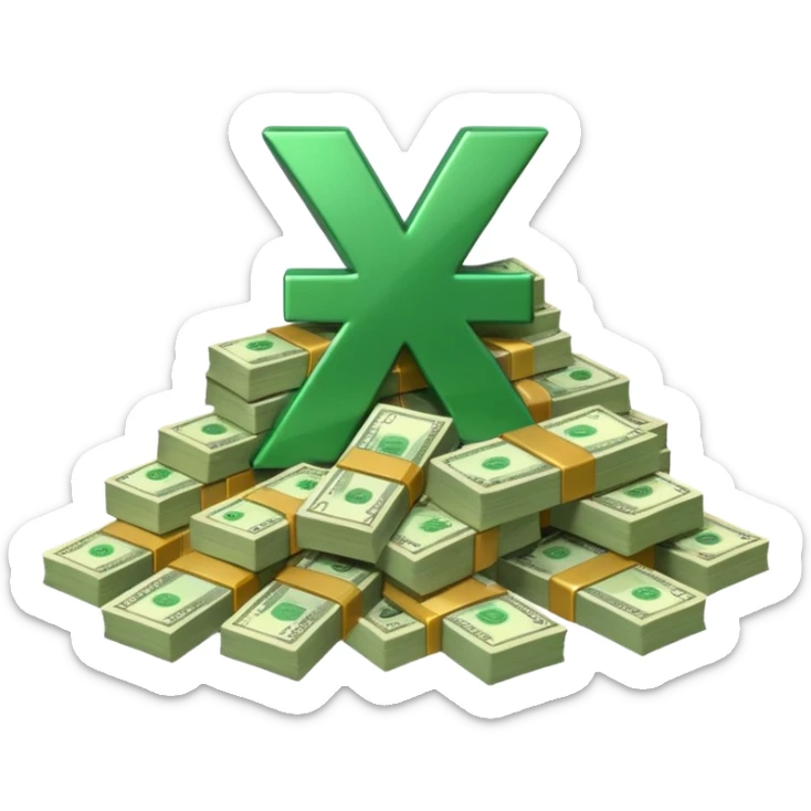 start with a 3d number 10 and letter x, "10x" and to its right, a cash pile, make bills rectangular, looking like 10x CASH PILE,  sticker