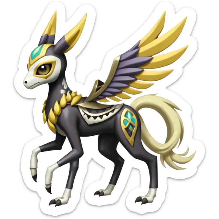 Arrow-patterned chevron-marked Big-eyed anime-styled Colorful Shiny Tribal Skeletal masked armored Meloetta-Silvally-Solgaleo-Raikou-Pokémon-Digimon-Fakémon-fusion-hybrid-creature, full body sticker