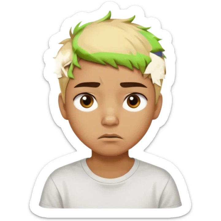 caramel skin color. Teen age. Short buzz, messy blonde hair, dark brown bushy eyebrows large expressive golden-brown eyes, brown skin color, scar over nose, wearing a plain white t-shirt. Disappointed thinking facial expression. caramel skin color sticker