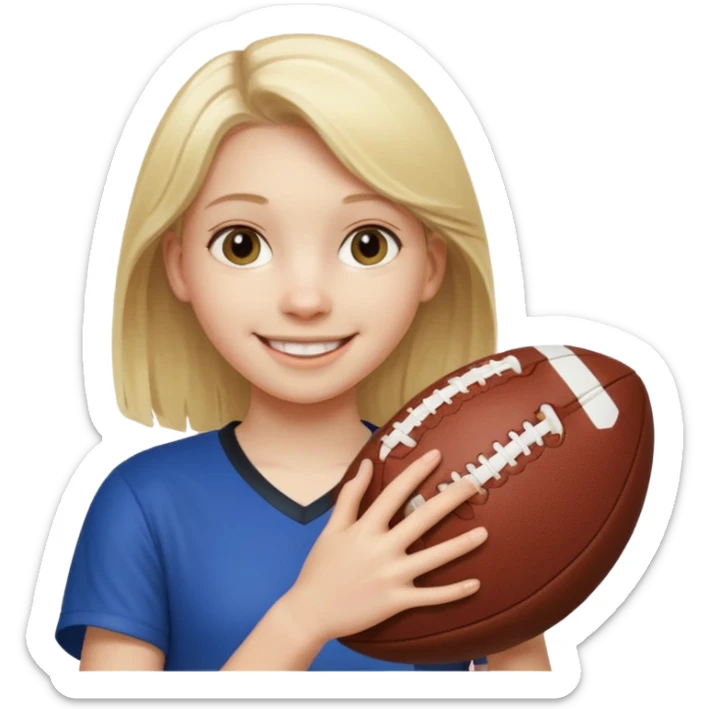 A girl with light blonde hair that looks around 13 years old with a football sticker