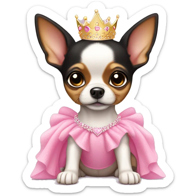 black & tan chihuahua puppy wearing a pink princess dress sticker