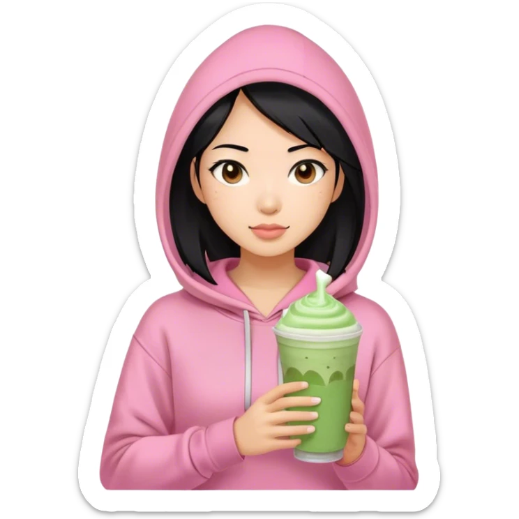 Asian woman with medium lenght black hair, brown eyes, pink hoddie, holding Matcha frappe sticker