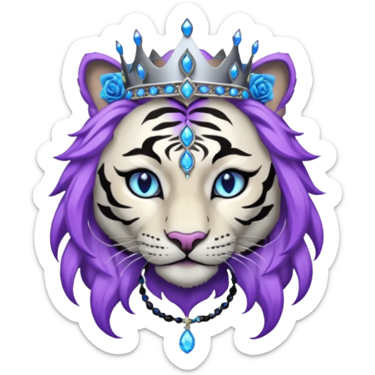 ESO Female white/black tiger khajiit leader of the umbral rose, glowing blue eyes, glowing blue 'third eye' gem, black beaded dreadlocks; silver crown/tiara with purple gems sticker