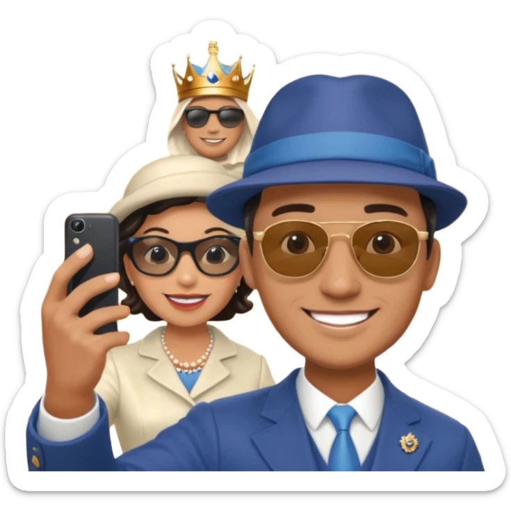 a normal man who's taking a selfie in a room with the statue of the queen elizabeth the II sticker