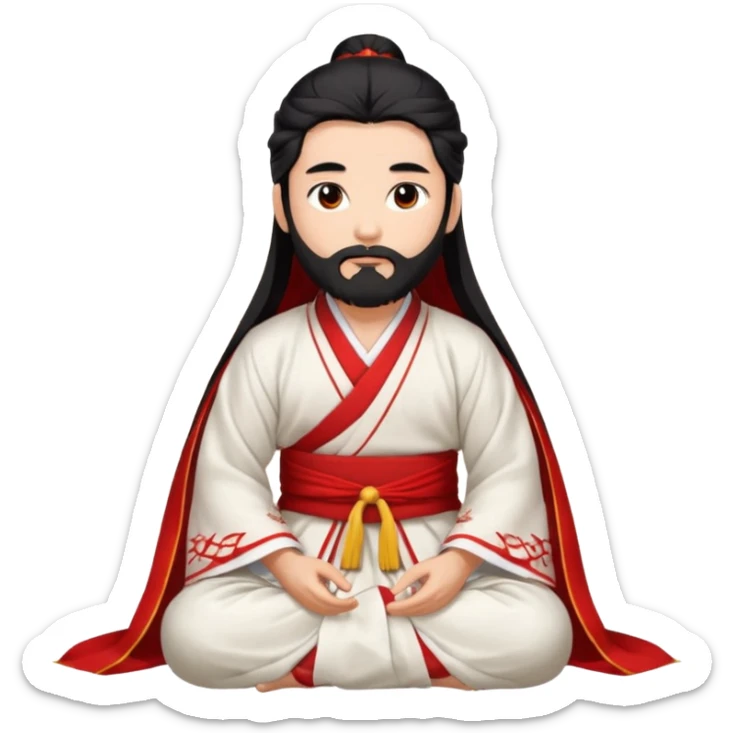 Beautiful man with lightly tan skin and dark long beard, long hair, in red and white Hanfu sitting on the ground sticker