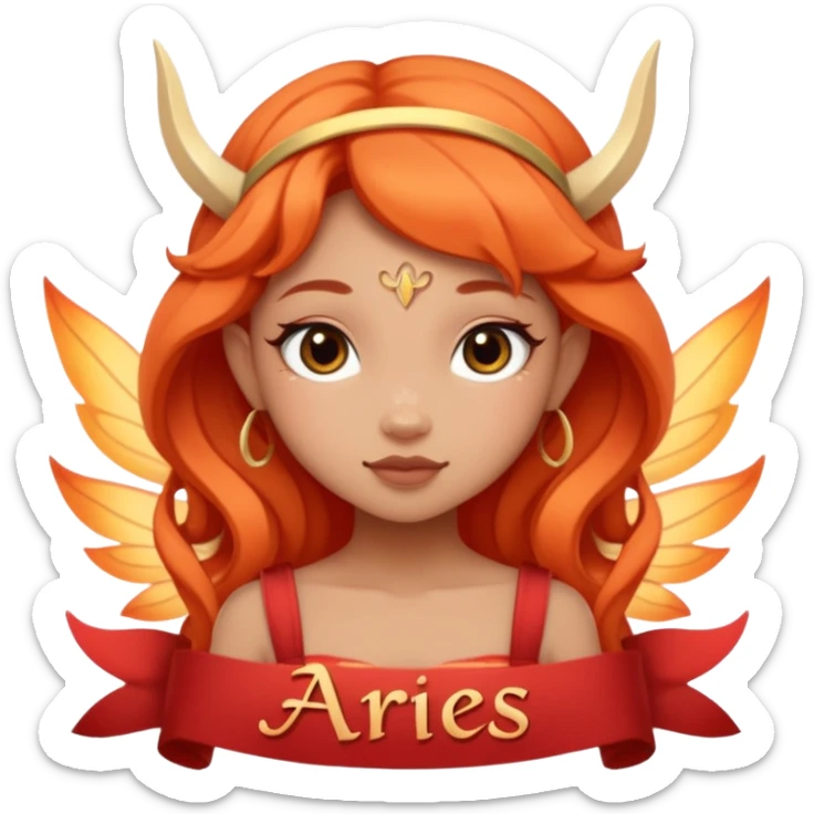 Poster-style sticker, pastel background. In the center: cute cartoon fairy-tale character. On top: bold title text ‘ARIES’. Below in cursive: ‘Fire Fairy’. At the bottom: short description text: ‘Brave, passionate, always leading.’ Keep the text readable, Instagram aesthetic.” sticker