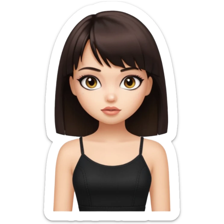 generate a pretty bratz girl in black cami top, dark brown straight bob hair with bangs, eyeliner on, sticker