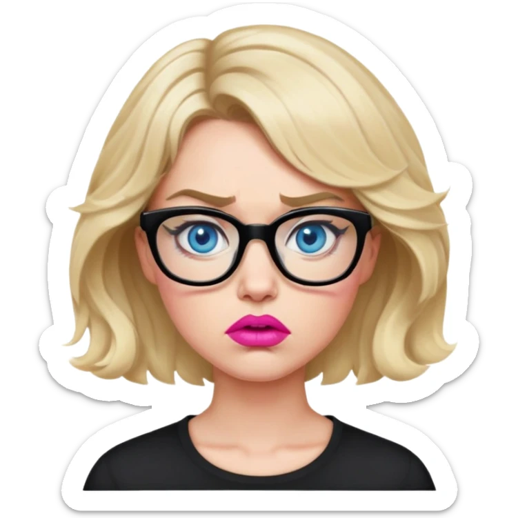Blonde woman with short wavy hair, blue eyes and pink lips wearing black glasses looking angry sticker