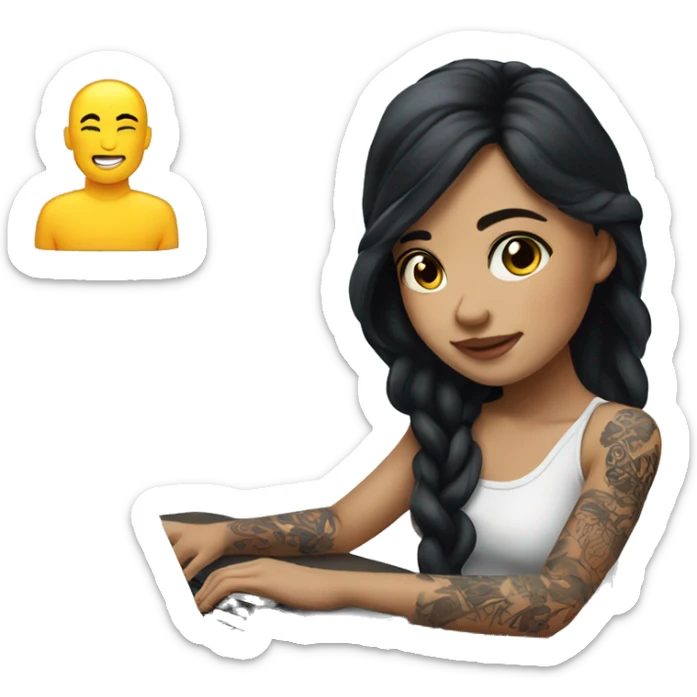 beautiful girl, with arm tattoos, with long black hair, wavy hair, chinese, with laptop sticker