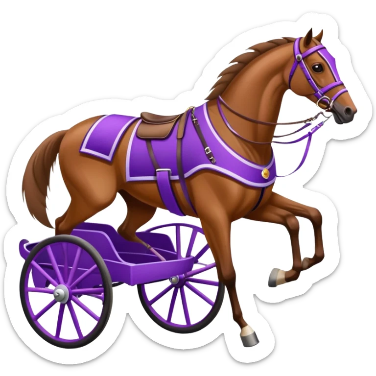 A harness racing horse with a two-wheeled sulky and a driver in a purple dress. sticker
