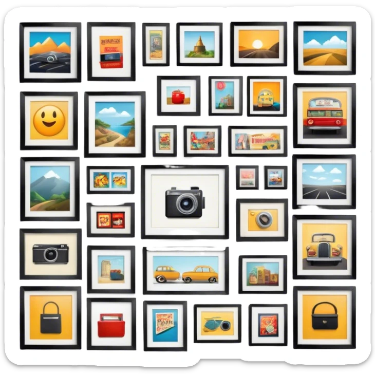 Icon for Photograph and Poster Collecting: a collection of photographs and movie posters, neatly displayed on a wall or in frames. The icon should evoke the nostalgia and artistic value of collecting rare images and posters. Transparent background. sticker