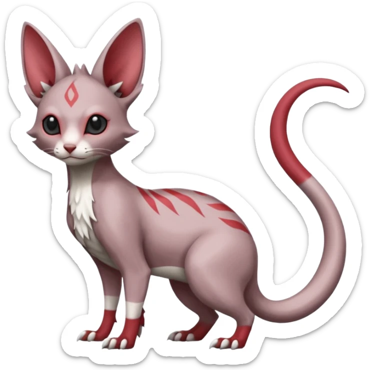 Minccino-Lykoi-Emolga-Sphynx-Linoone-Zangoose-fusion-hybrid-animal-Fakémon-creature, full body, thin long sleek scaly tail, intricate markings sticker