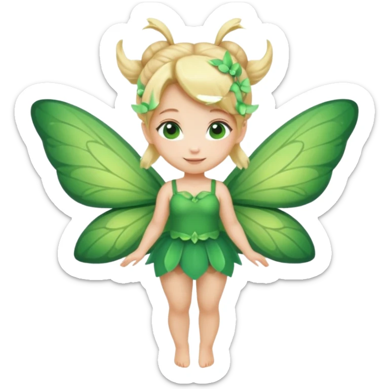 fairy with bun blonde hair, green wings, happy, chibi full body sticker