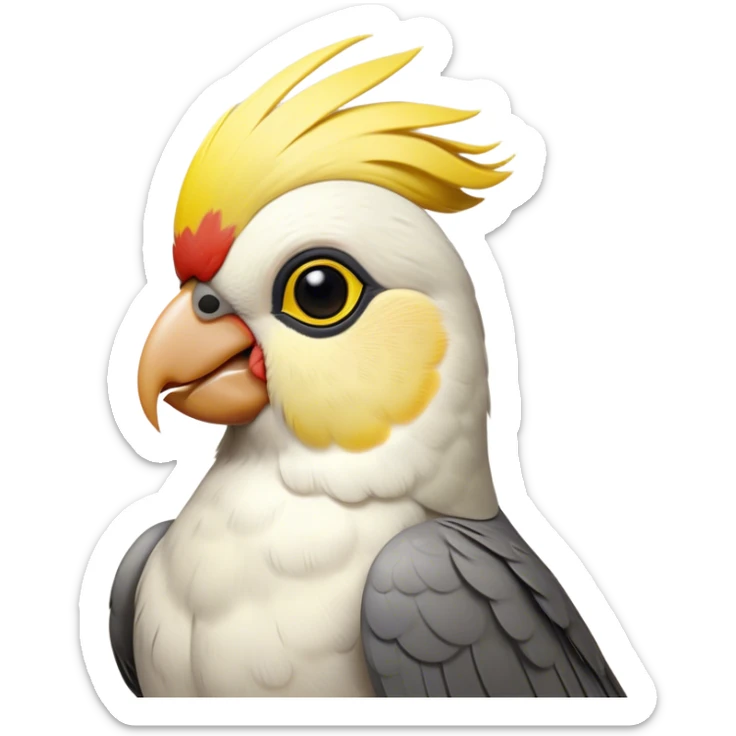 Cinematic Noble Cockatiel Portrait Emoji, Poised and regal, with a slender, delicate build and a beautifully groomed grey fur accented by vibrant yellow cheek patches and a graceful crest, deep-set soulful dark eyes, Simplified yet sharp and sophisticated features, highly detailed, glowing with a soft, dignified glow, high shine, intelligent and charming, stylized with an air of elegance, focused and attentive, soft glowing outline, capturing the essence of a watchful and confident avian companion, so majestic it feels as though it could flutter out of the screen with effortless authority! sticker