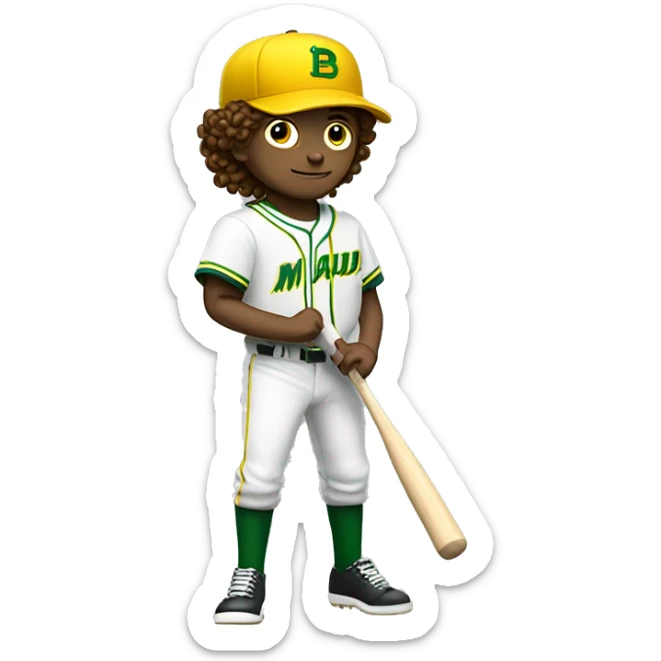 White boy with brown curly hair swinging baseball bat with green and yellow uniform with an M in his hat sticker