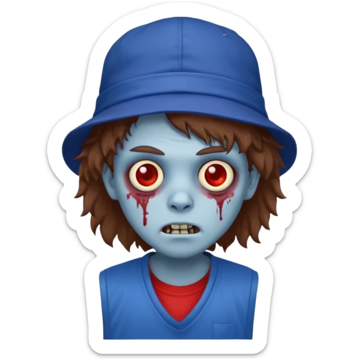brown fluffy hair zombie with blue and white hat dark blue jilet red t shirt sticker