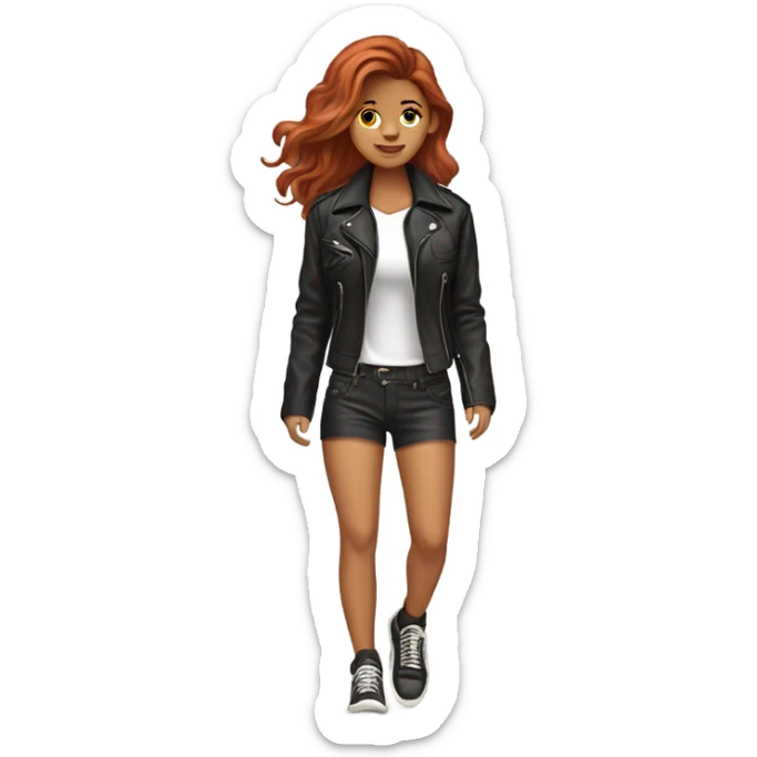 Very tan red haired wavy medium length hair walking her Yorkie in her shorts and leather jacket sticker