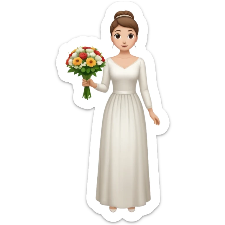 Chica blanca, cabello castaño, recogido en moño alto con mechones, vestido novia de manga larga, cuerpo entero, ramo de flores en una mano sticker