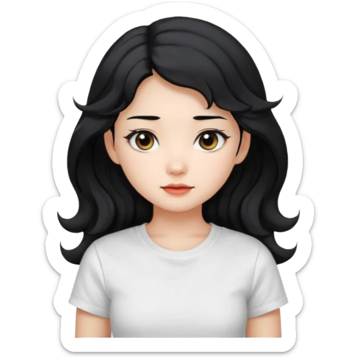 Cute beautiful girl,Black hair,wavy long hair, Black eyes, white T-shirt, Chinese  sticker