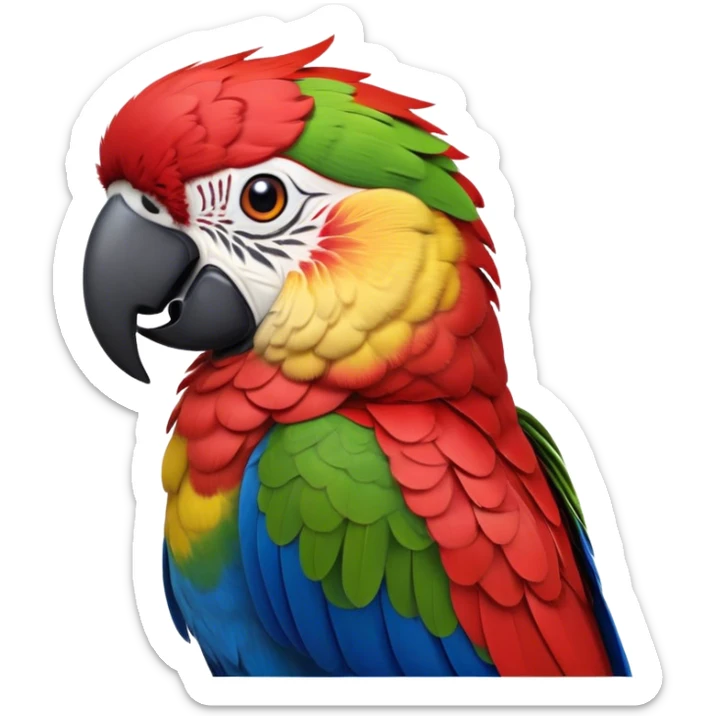 Cinematic Realistic Noble Macaw Portrait Emoji, Poised and majestic, with a robust, vibrant build and meticulously detailed plumage in scarlet, deep blue, and touches of gold, a strong, curved beak and piercing, intelligent eyes, rendered with lifelike feather texture and natural lighting, high shine, commanding and regal, styled with an air of tropical authority, focused and attentive, soft glowing outline, capturing the essence of a watchful and confident macaw that appears ready to soar out of the screen with effortless splendor! sticker