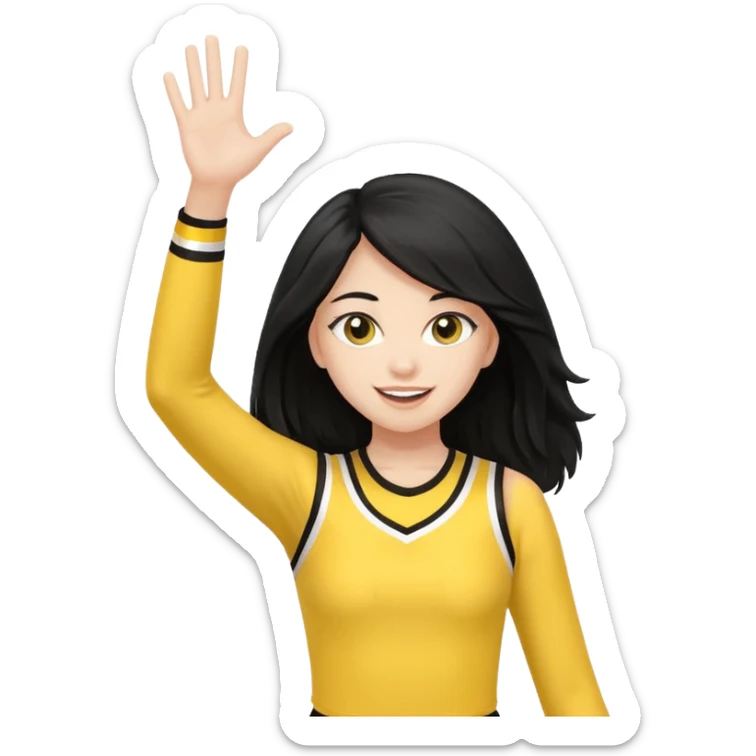 A long black hair teen girl waving pom-poms, eyes sparkling with excitement, yellow cheer leader top sticker