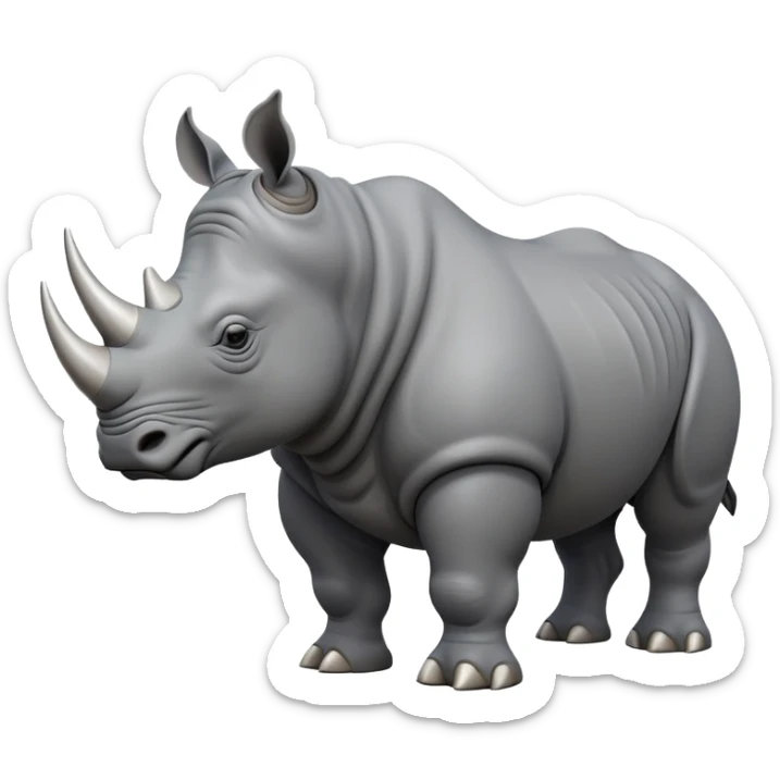 cinematic-rhino-full-body-standing-emoji,slate grey skin -massive-body-poised-powerfully,-thick-horn-curving-slightly-forward,-head-tilted-dramatically,-rough-grey-hide-covered-in-dust,-simplified-focused-features, sticker