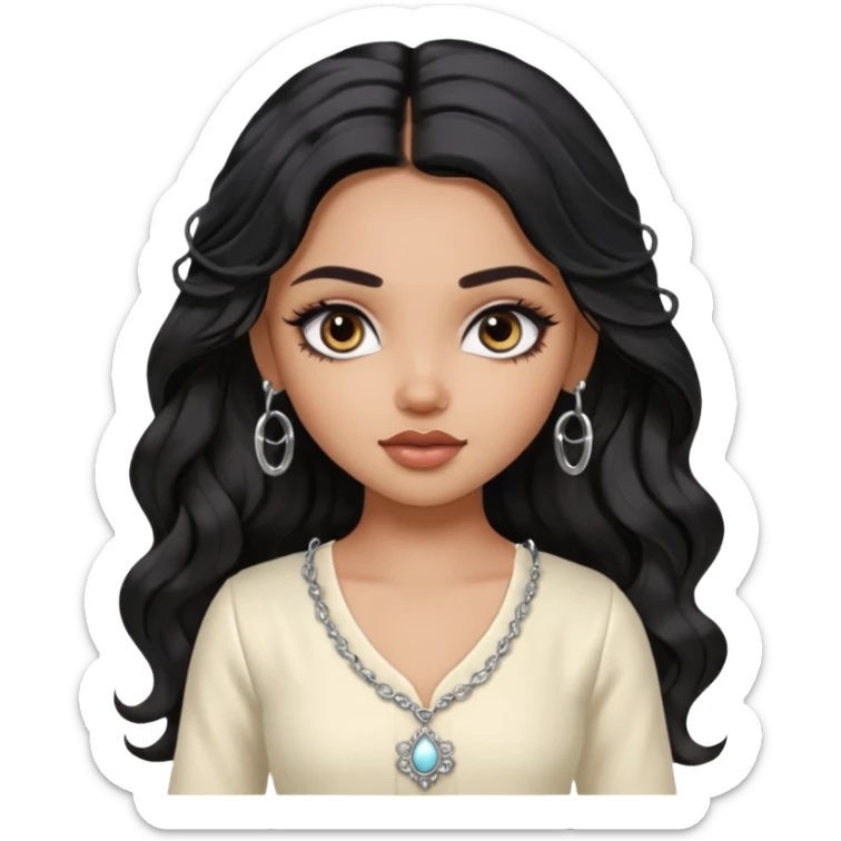 a pretty bratz dusky girl with long wavy black hair, kajal under eyes, small silver hoop. ivory coloured kurti sticker