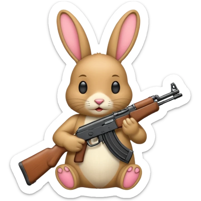Crea un emoji de un conejo sosteniendo una  Ak47 con pasamontañas enojado negro sticker