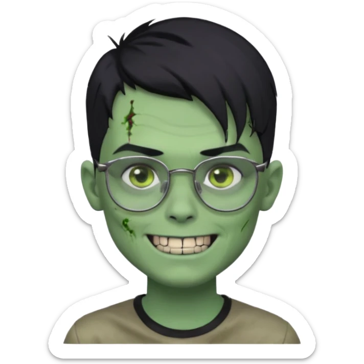 zombie boy, modern hair, green skin, black hair, glasses, risk on the eyebrow, scars, creepy expression, smile, silver teeth sticker