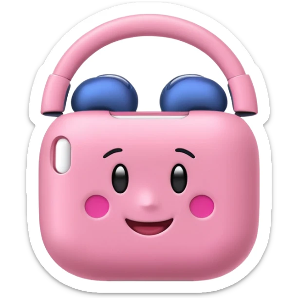 Create a pink happy circle emoji who listens to music on AirPods Max make them always this style  sticker
