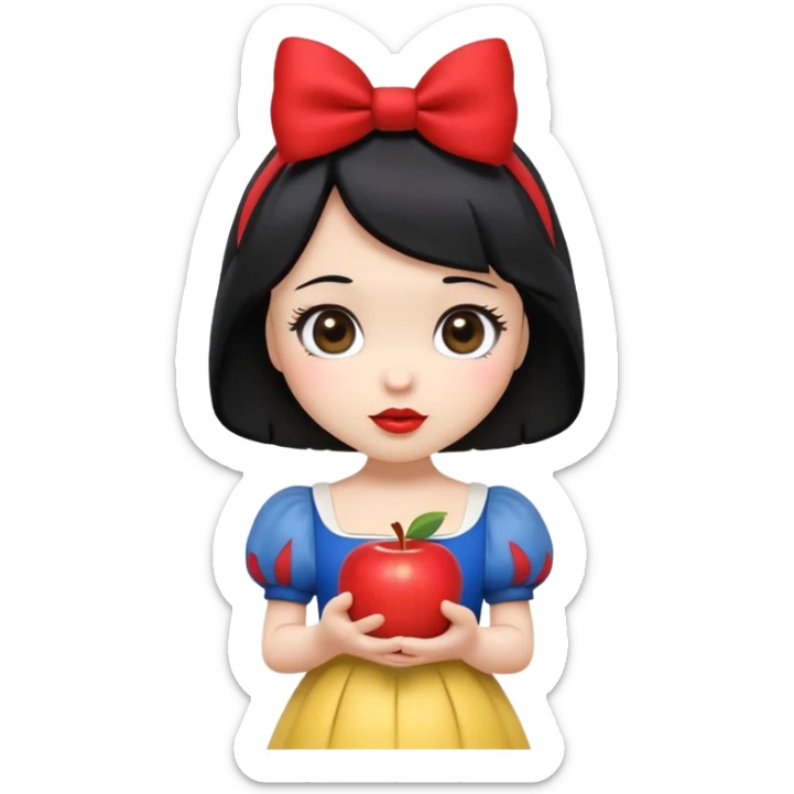 A cute and simplified emoji of Snow White, inspired by Disney's iconic look: short black bob haircut, red bow headband, fair skin, big round eyes, red lips, and holding a red apple. She wears a blue and yellow dress with puffed sleeves. Chibi-style, kawaii expression, small size, high detail for emoji use, clean vector lines, soft shading, white background. sticker