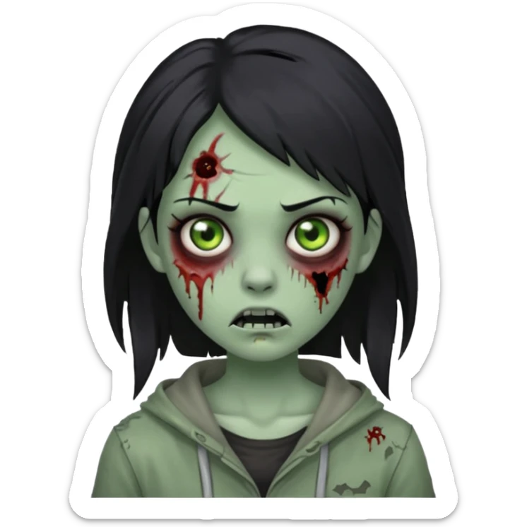 zombie girl with black hair, tattered clothes, horror zombie green sticker