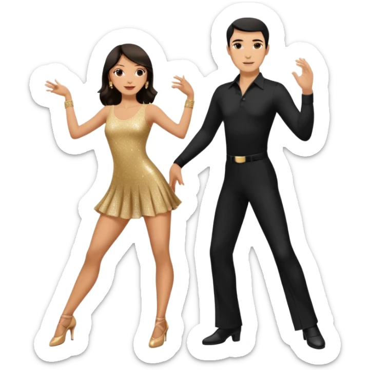 Photorealistic dancesport professional latin couple dancing the cha cha cha at the competition dancefloor, the women is in skinny short sparkly dress, the man is in black shirt and black classic pants, the women has brown long hair, the man has short black hair  sticker