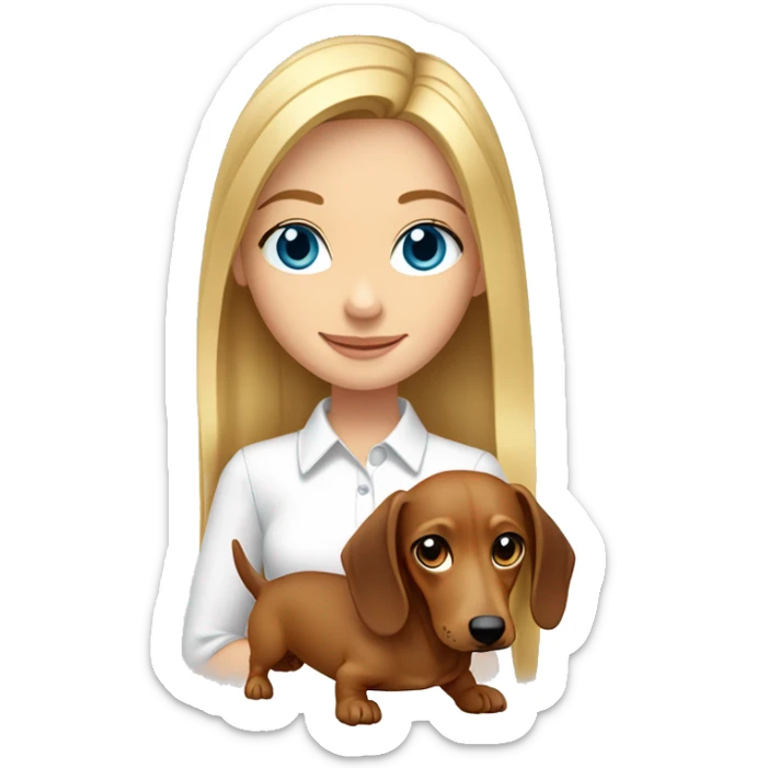 a blonde girl with medium straight hair and blue eyes wearing white shirt and holding her brown dachshund sticker