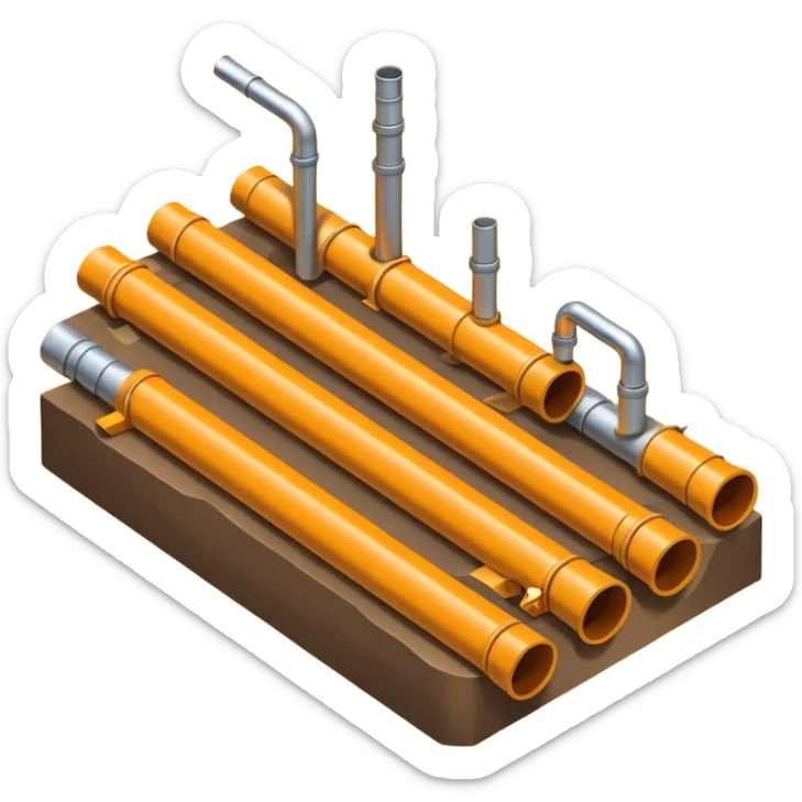 Emoji-style illustration of pipe installation in a trench, flat vector look, bold outlines, minimal details, no background sticker
