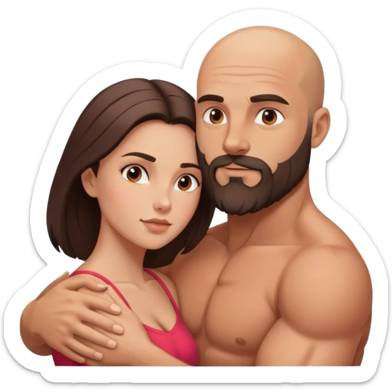 Muscular Bald man with a beard passionately embracing his young brunette wife  sticker