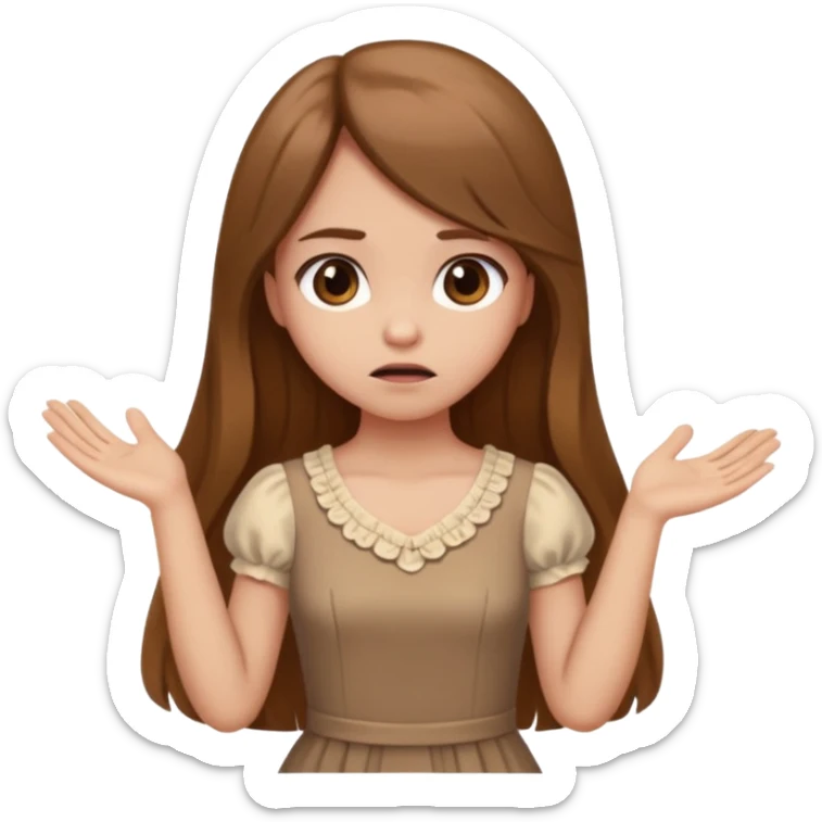 fake costumer loyalty, girl that doesn't care, she is like whatever, brown long hair, cute dres and her hand showing like i dont care whateve sticker