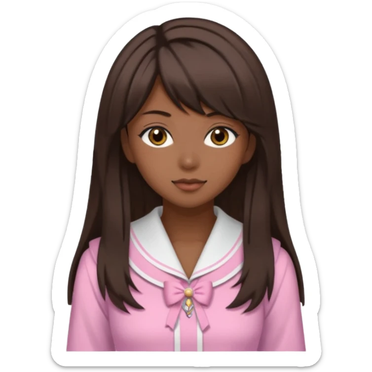 Dark skin, light skin, brown eyes, medium dark brown hair, side bangs, and wears a gyaru outfit  sticker