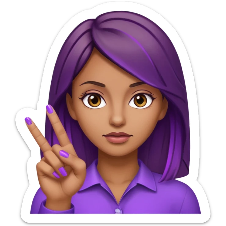 Woman with tan skin and brown hair with purple highlights holding up her middle finger and rolling eyes sticker