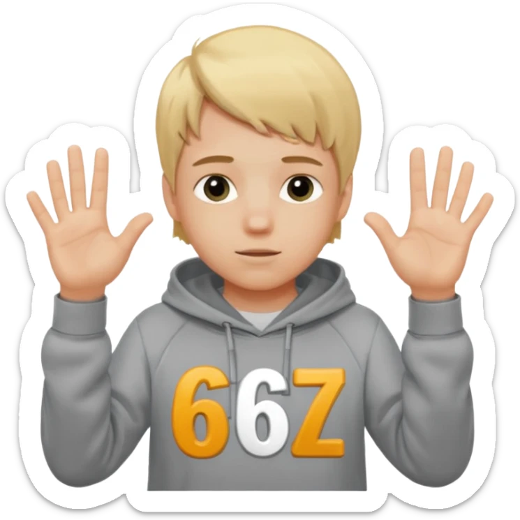 a white kid blone hair with a grey hoodie and his above his hands saying 67 one 6 on 1 hand 7 on the other sticker
