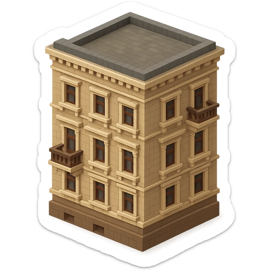 old Saint Petersburg building in voxel style, gray-brown palette, detailed cornices and balconies, isometric view sticker
