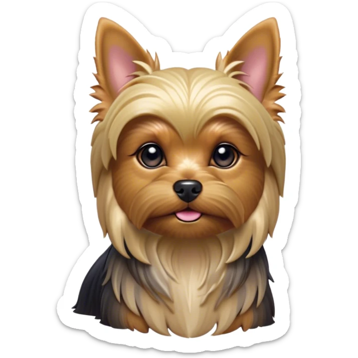 Cinematic Noble Yorkshire Terrier Portrait Emoji, Exuding refined charm and dignified poise, with a lustrous, silky fur in rich, deep hues, alert eyes and a confident expression, simplified yet exquisitely detailed, glowing with a soft, aristocratic radiance, high shine, embodying intelligent grace and classic elegance, soft glowing outline, capturing the essence of a regal Yorkshire Terrier ready to rule the screen with effortless sophistication! sticker