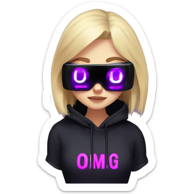 Russian cute blond student girl wearing black hoody with violet letters "OMG", in vr headset. No eyes. Cyberpunk style. Violet neon. sticker