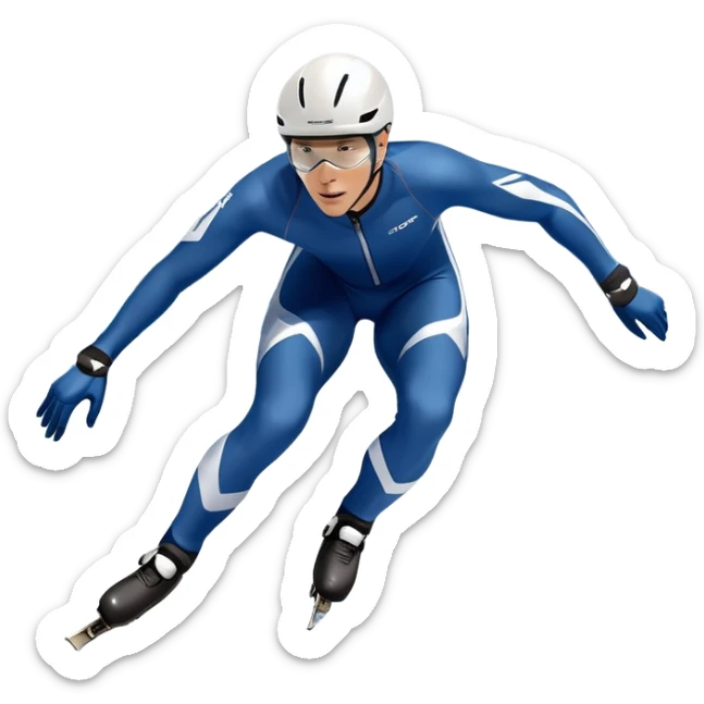An icon showing a grand arena, snow-covered mountains in the distance, and a crisp blue sky. professional speed skater leaning into a turn on a polished ice track, dressed in a sleek suit and helmet. Transparent background highlights speed and precision. sticker