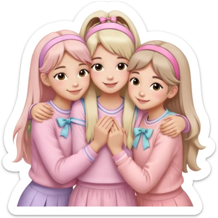 Four girls hugging each other, all wearing soft pink clothes, two with long hair and two with shoulder-length short hair, smiling, with hair accessories like headbands or ribbons, pastel color palette, soft shading, make someone pose with two fingers and someone kisses his cheek sticker