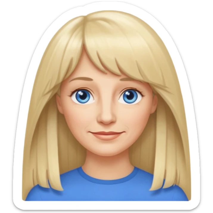 50 yr old white woman, curtain bangs, very long straight blond hair, oval face, small smile, blue eyes, thin face, hair down to elbows sticker