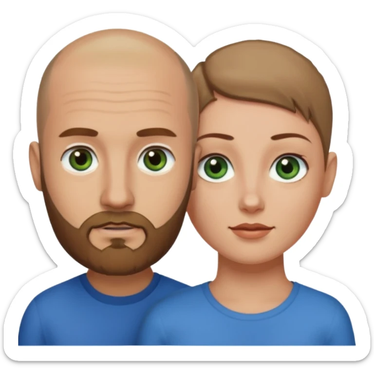 Man on left with shaved head with dark blonde beard and blue eyes and woman on the right with brown hair green eyes  sticker