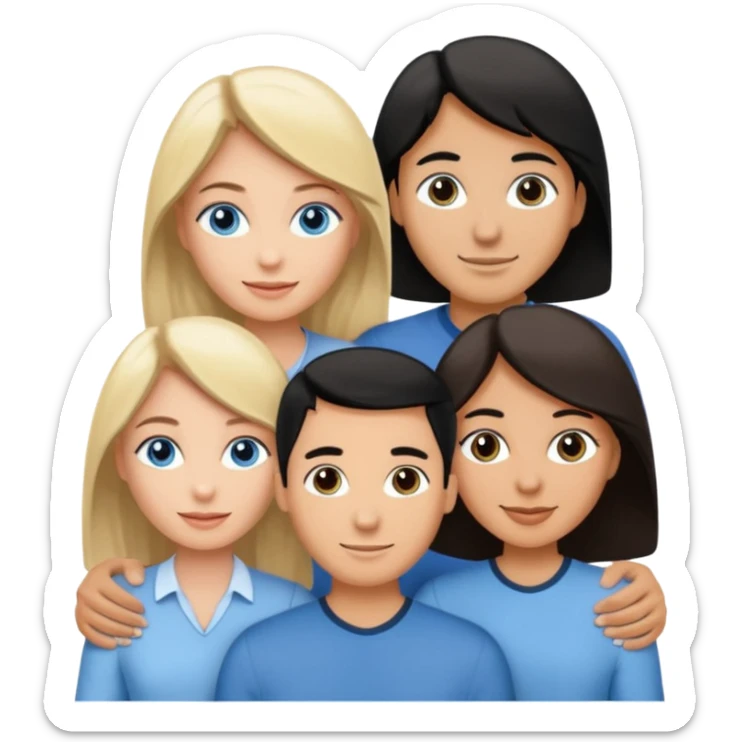Blond woman blue eyes on left. Man with black hair and greye eye in the middle. Brown hair woman with greye eyes on the right. Happy together sticker