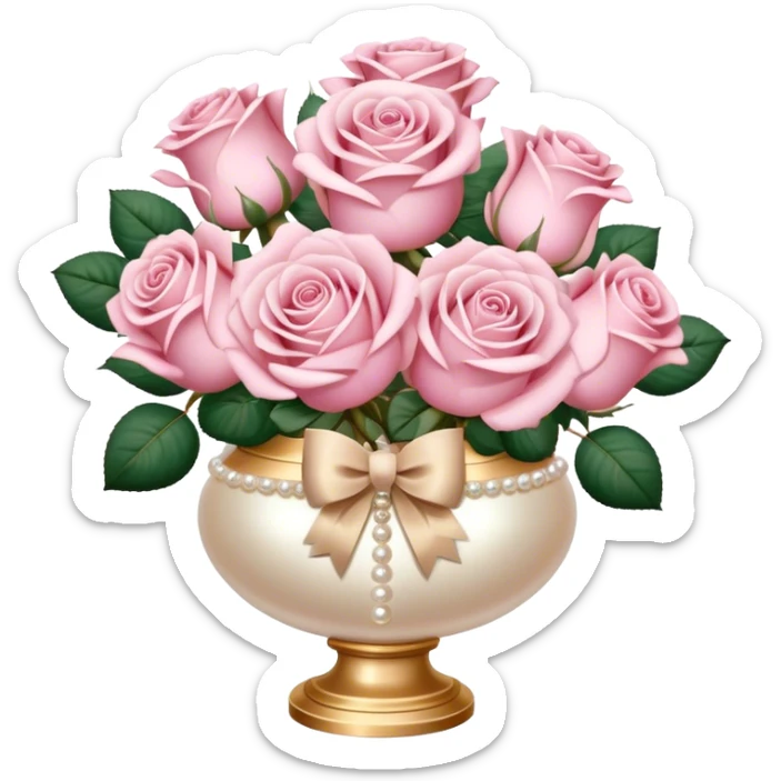 Realistic aesthetic powder pink rose bouquet  in a pearl vintage vase and a beige bow with gold decoration  sticker